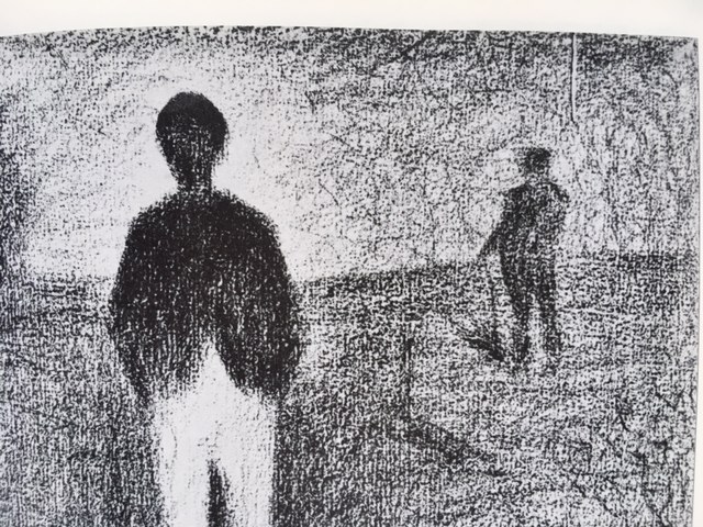 oeuvre de Seurat, deux hommes marchant dans le champs, crayon